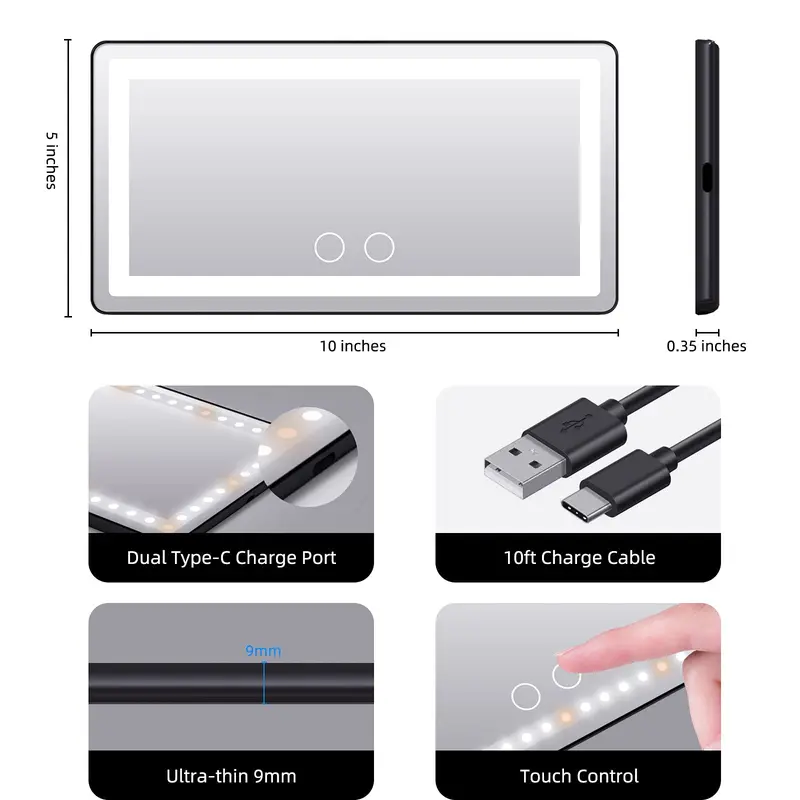 USB Rechargeable Car Sun Visor Vanity Mirror with LED Lights, Dimmable Makeup Mirror for Travel