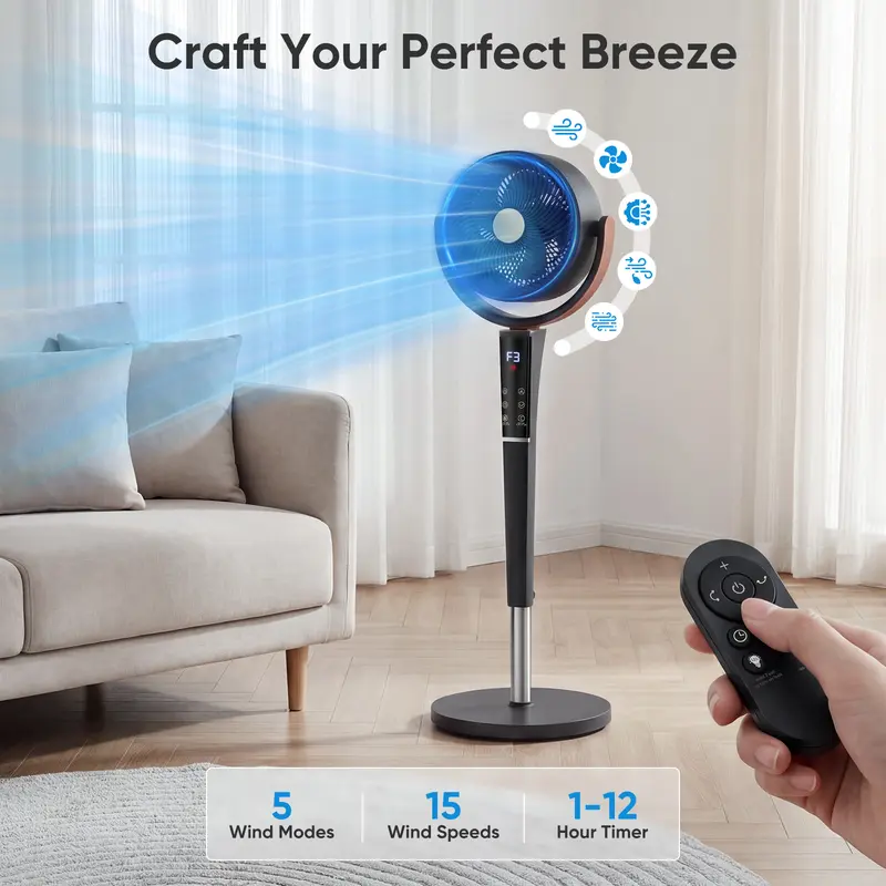 Quiet DC Pedestal Fan with Remote, 15 Speeds & 5 Modes, 120° Oscillation Standing Fan for Bedroom
