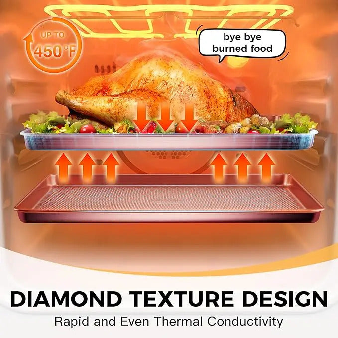 Non-Stick Bakeware Set of 3, Teflon-Free Heavy Duty Baking Sheets with Diamond Texture for Cookies, Oven Baking, Kitchen Supplies