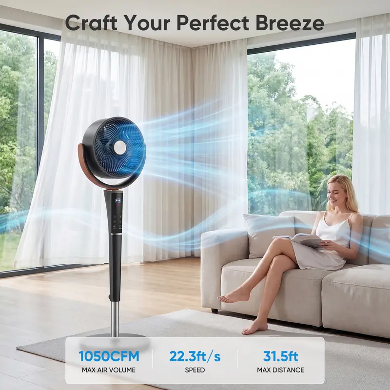 Quiet DC Pedestal Fan with Remote, 15 Speeds & 5 Modes, 120° Oscillation Standing Fan for Bedroom