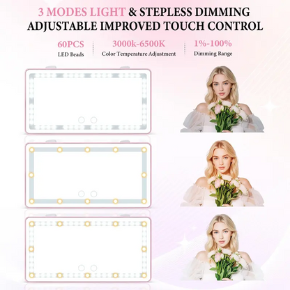 USB Rechargeable Car Sun Visor Vanity Mirror with LED Lights, Dimmable Makeup Mirror for Travel