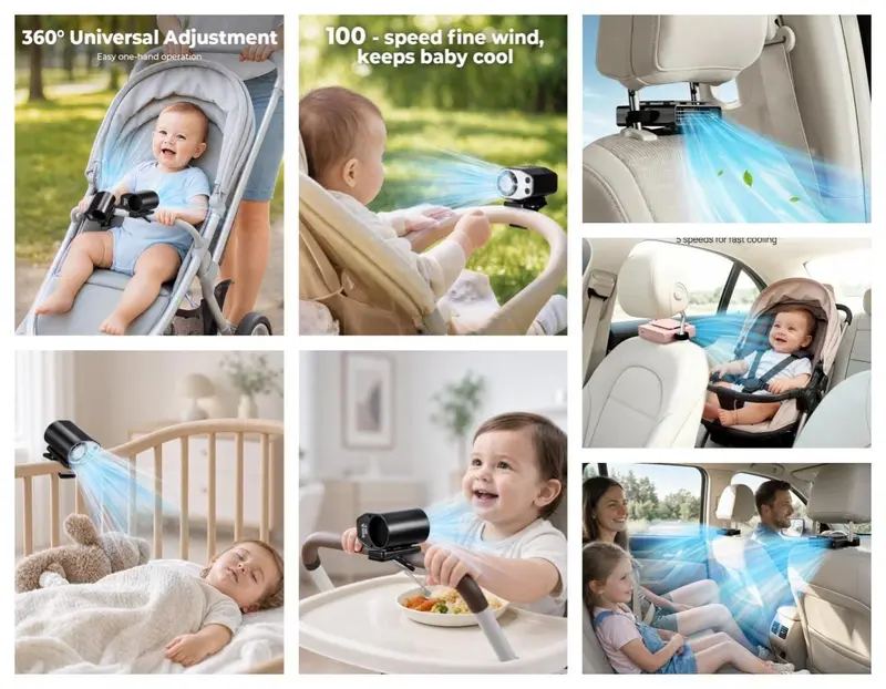 Portable Car Seat Clip Fan with LED Display, USB Rechargeable 360° Rotating Cooling Fan for Baby Stroller Backseat
