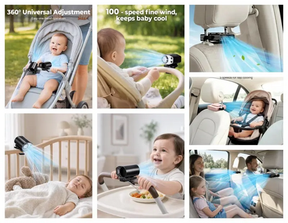 Portable Car Seat Clip Fan with LED Display, USB Rechargeable 360° Rotating Cooling Fan for Baby Stroller Backseat
