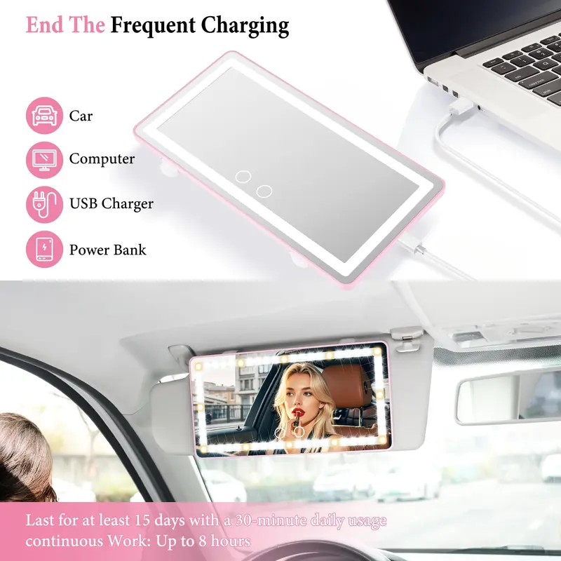 USB Rechargeable Car Sun Visor Vanity Mirror with LED Lights, Dimmable Makeup Mirror for Travel