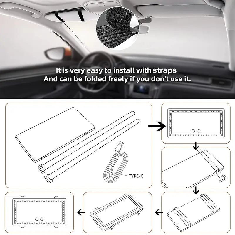 USB Rechargeable Car Sun Visor Vanity Mirror with LED Lights, Dimmable Makeup Mirror for Travel