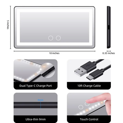 USB Rechargeable Car Sun Visor Vanity Mirror with LED Lights, Dimmable Makeup Mirror for Travel