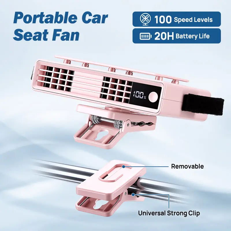 Portable Car Seat Clip Fan with LED Display, USB Rechargeable 360° Rotating Cooling Fan for Baby Stroller Backseat