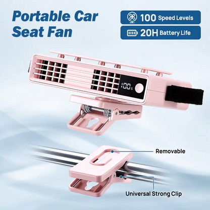 Portable Car Seat Clip Fan with LED Display, USB Rechargeable 360° Rotating Cooling Fan for Baby Stroller Backseat